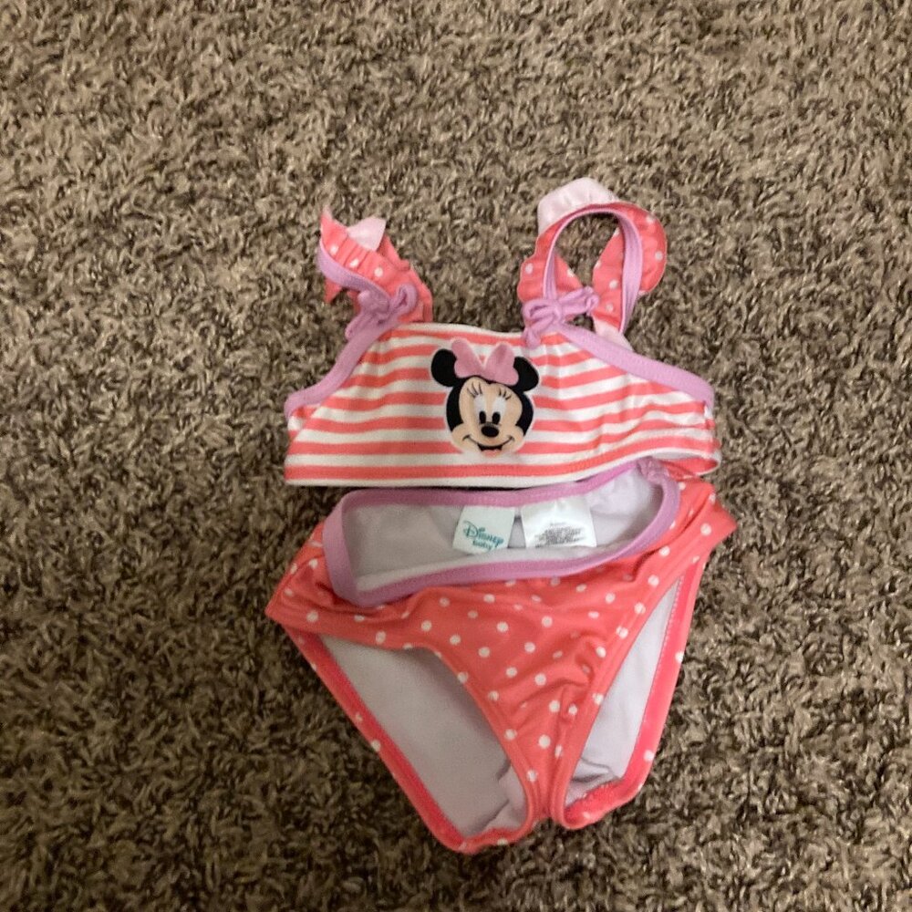 Disney Baby Minnie Mouse Swimsuit 3-6 Months Two Piece Orange White Polka Dot